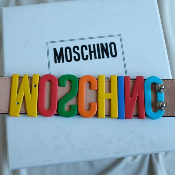 Moschino White Leather Multicolor Logo Buckle Belt Size Unisex IT50 main image 6